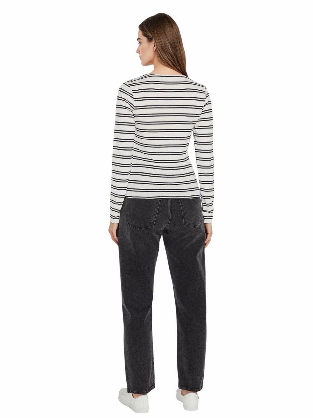 NWT Three Dots Scoop Neck Long Sleeve Tee in Egret / Black Beauty Stripe Size XL - Picture 3 of 9